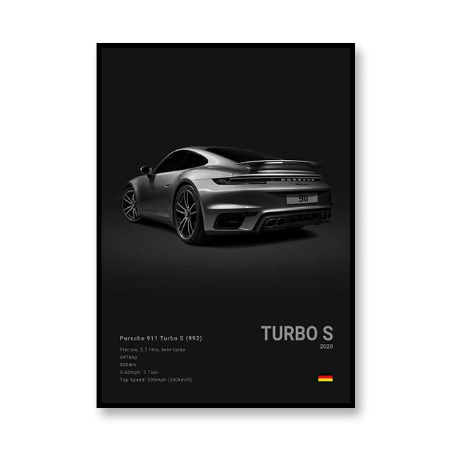 Affiche Porsche 911 Turbo S (992) – Poster noir - voiture de dos