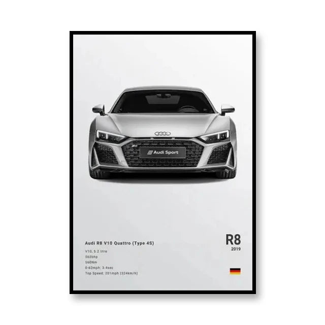 Affiche Audi R8 V10 quattro (4S) – Poster gris - Voiture de face