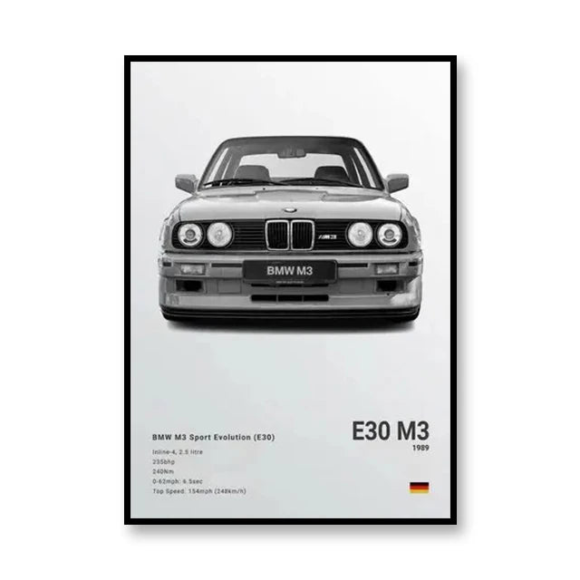 Affiche BMW M3 Sport Evolution (E30) – Poster gris - Voiture de face