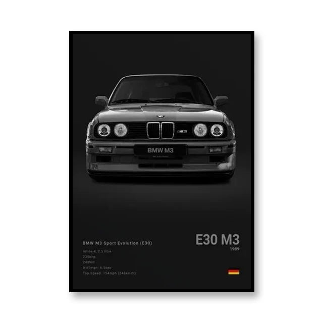 Affiche BMW M3 Sport Evolution (E30) – Poster noir - voiture de face