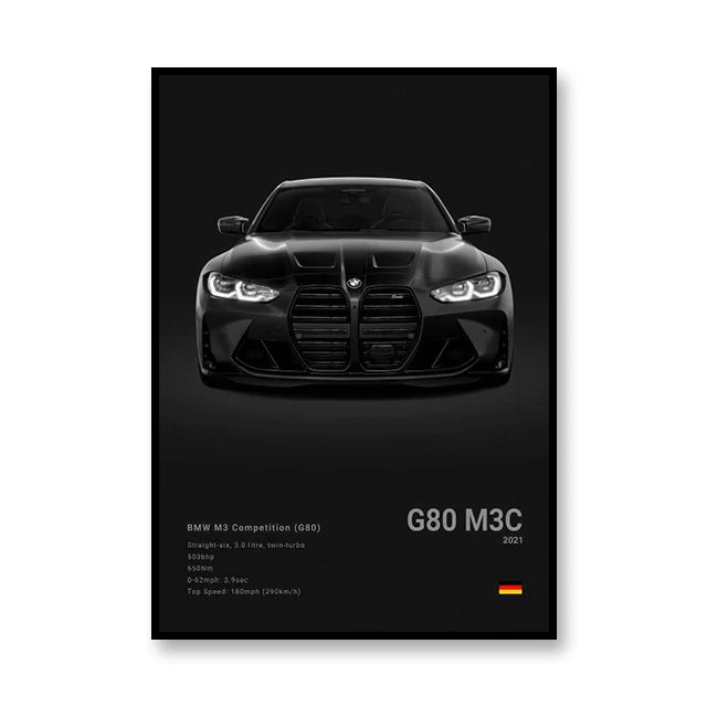 Affiche BMW M3 Competition G80 – Poster noir - voiture de face